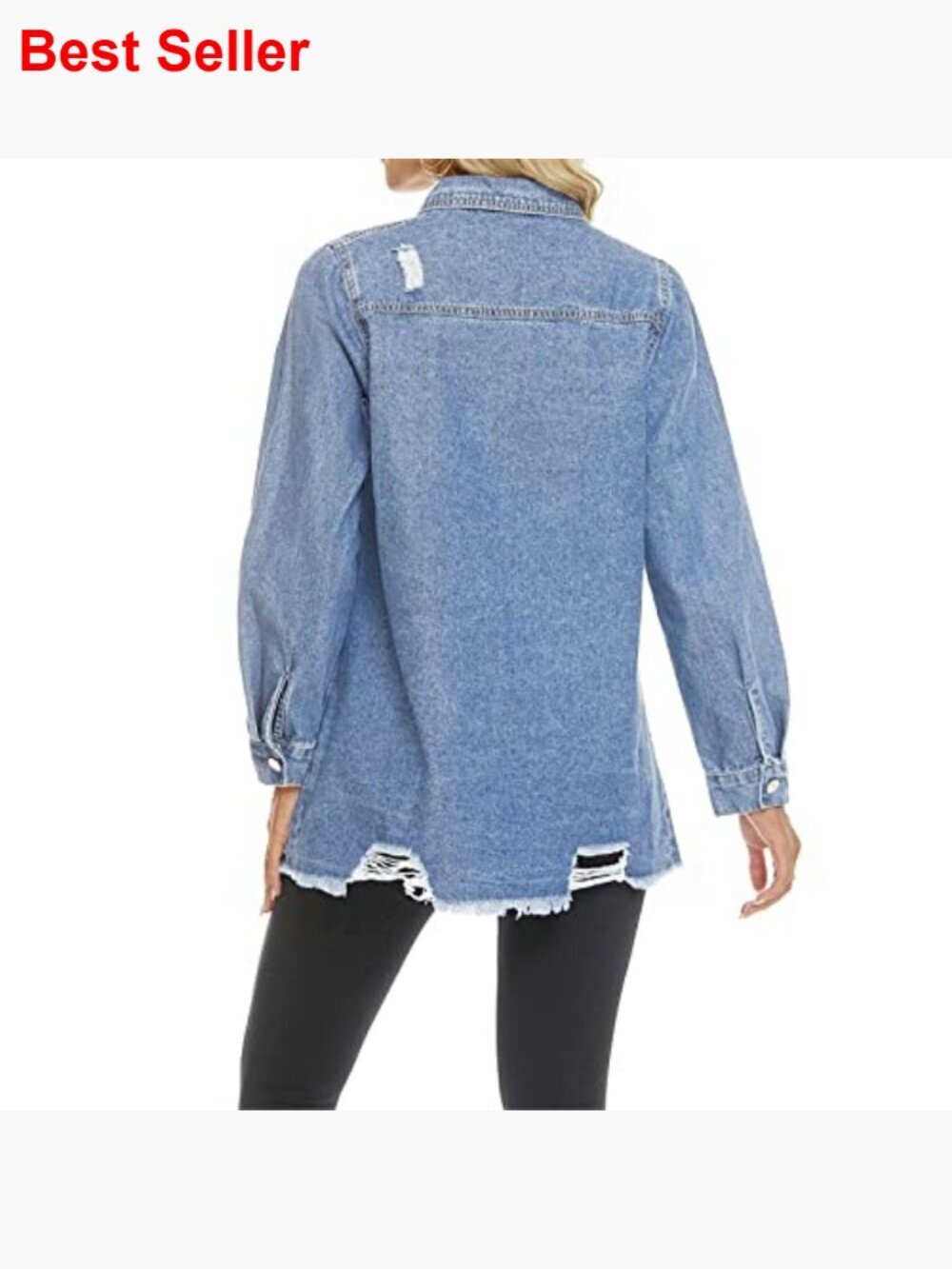 Distressed Denim Shirt Jacket Oversized Button Down Long Sleeve Jean Coat - Picture 3 of 7